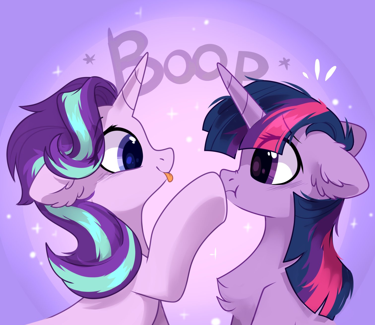 20231105001308436-3196332__safe_artist-colon-mirtash_starlight+glimmer_twilight+sparkle_pony_unicorn_g4_-colon-p_-colon-t_blushing_boop_bust_chest+fluff_cute_duo_duo+female_ear+f