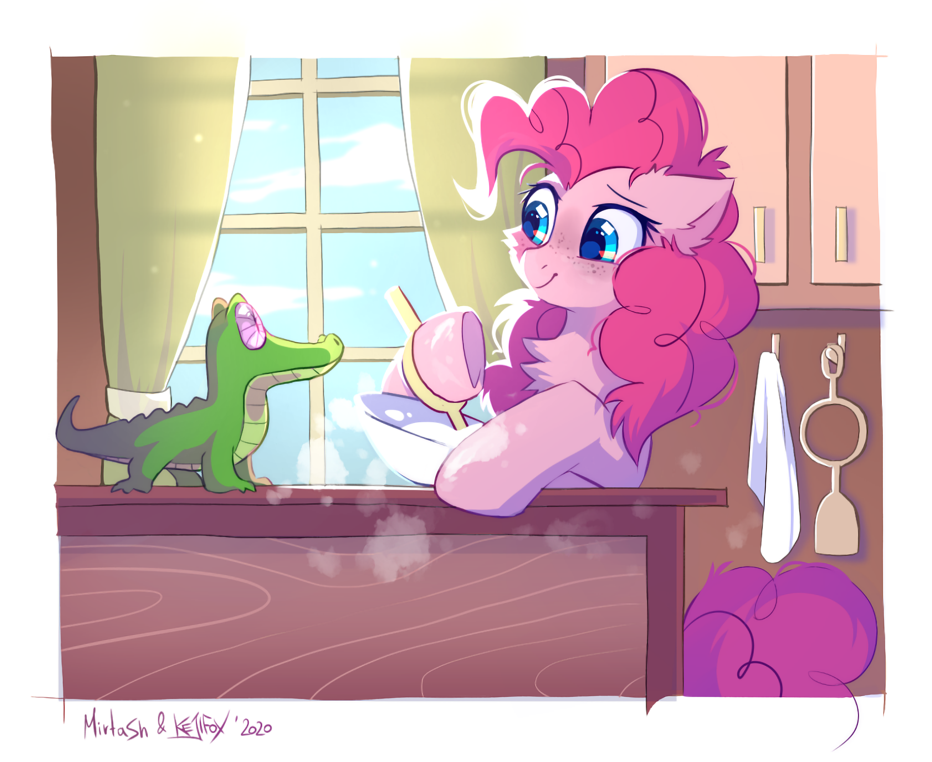 20231105001310152-3198571__safe_artist-colon-kejifox_artist-colon-mirtash_gummy_pinkie+pie_alligator_earth+pony_pony_g4_baking_batter_bowl_cheek+fluff_chest+fluff_collaboration_c