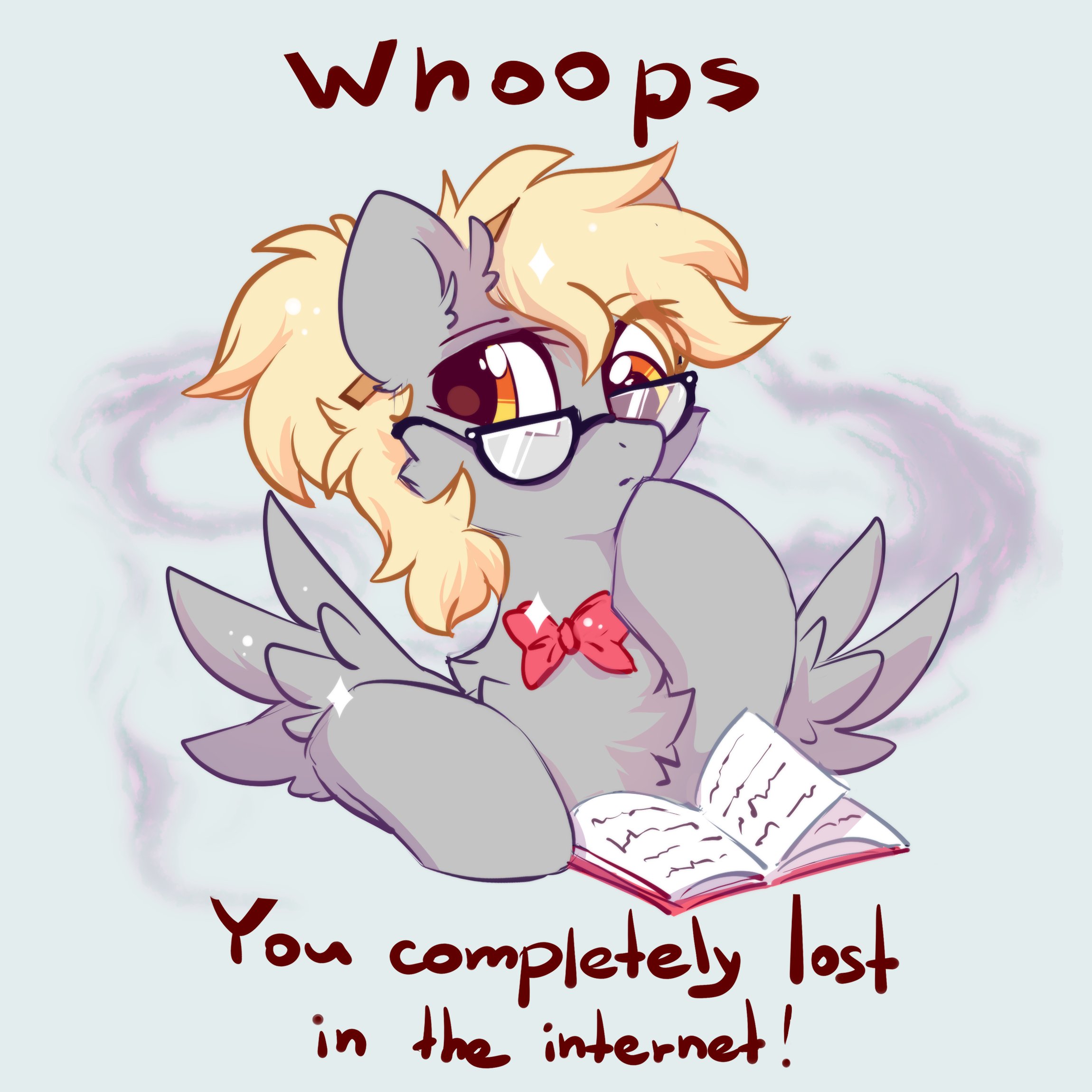 20231105001505857-2436312__safe_artist-colon-mirtash_derpy+hooves_pegasus_pony_404_book_bowtie_cheek+fluff_chest+fluff_cute_derpabetes_dialogue_ear+fluff_female_fluffy_frown_glas