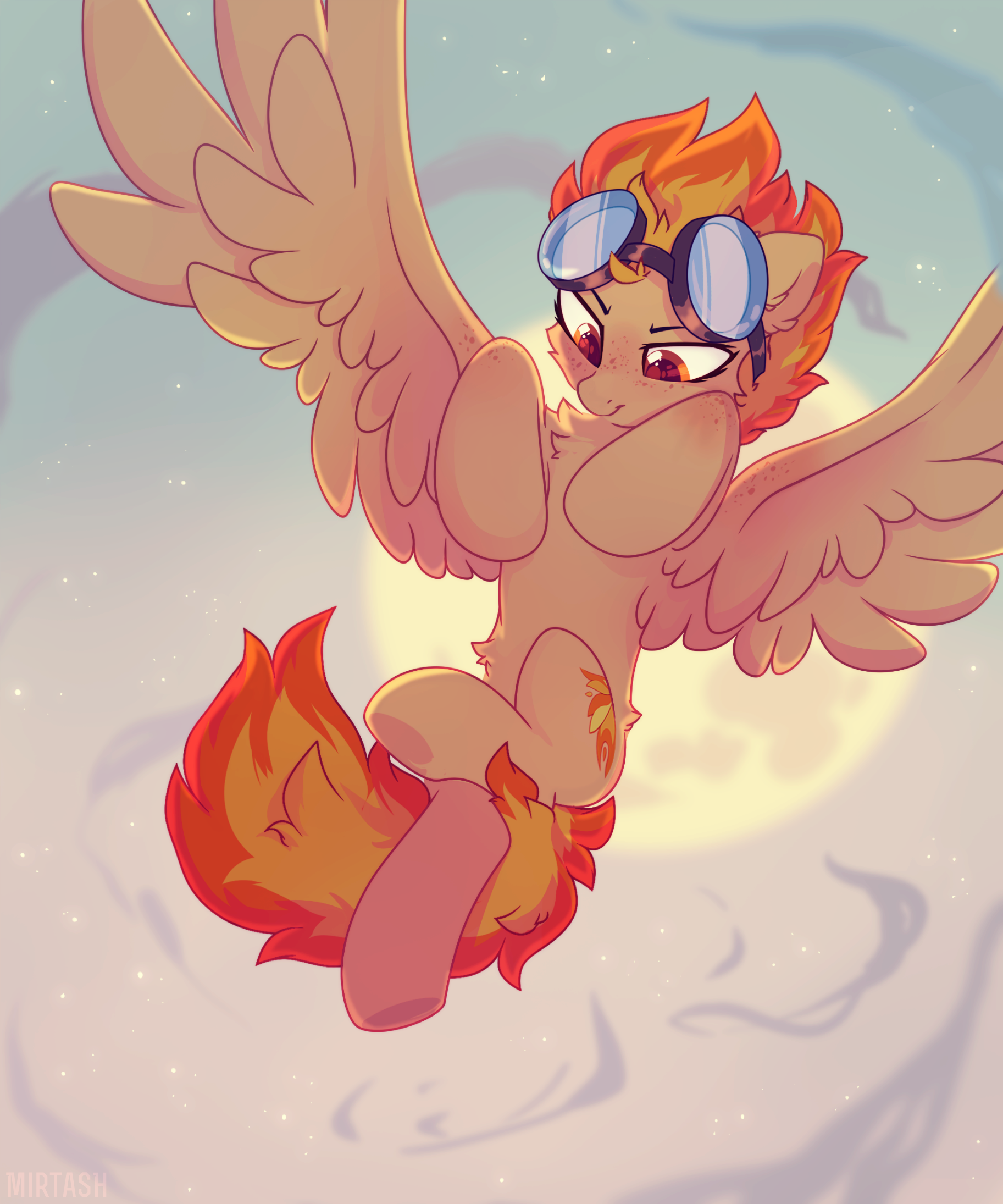 20231105001507685-2465568__safe_artist-colon-mirtash_spitfire_pegasus_pony_chest+fluff_ear+fluff_female_flying_freckles_full+moon_goggles_goggles+on+head_mare_moon_multicolored+m