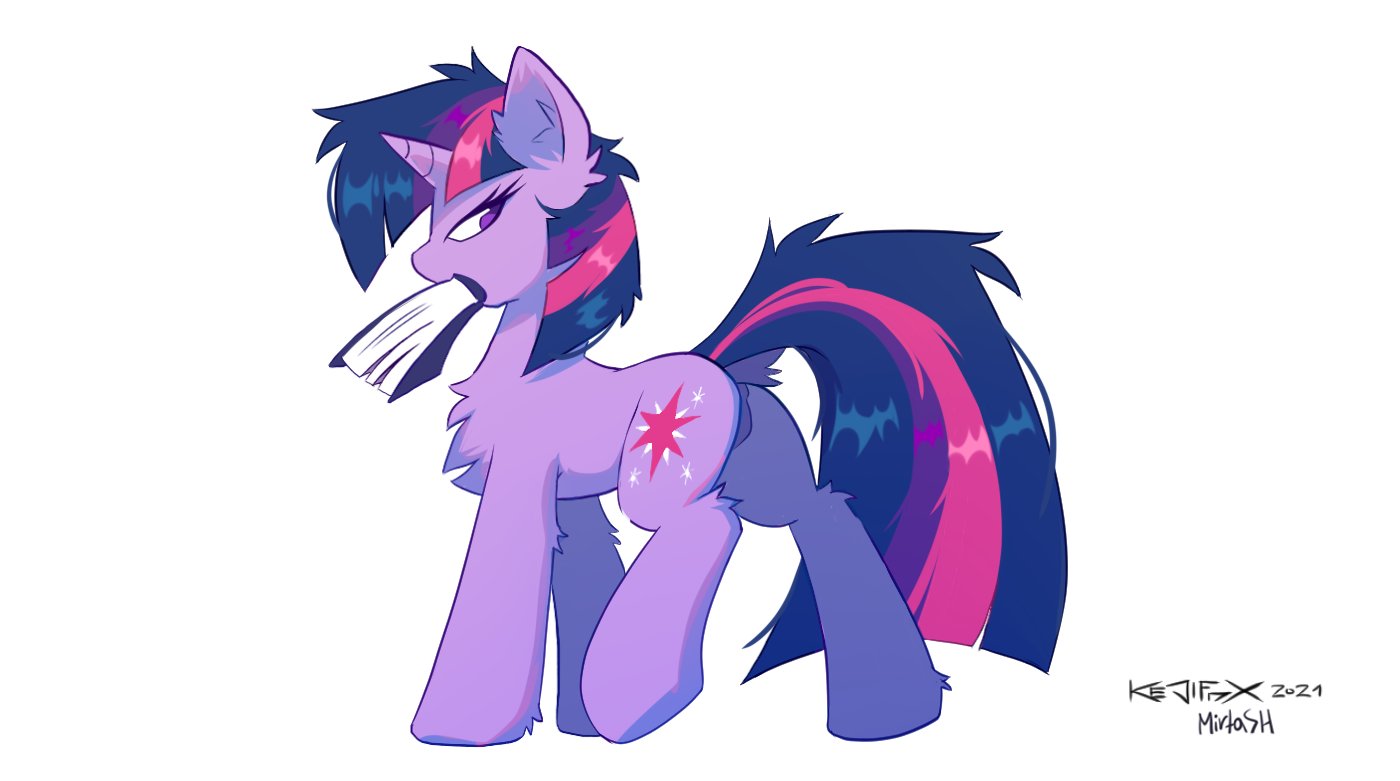20231105001717527-2637834__safe_artist-colon-kejifox_artist-colon-mirtash_twilight+sparkle_pony_unicorn_behaving+like+a+dog_book_butt_chest+fluff_collaboration_featureless+crotch