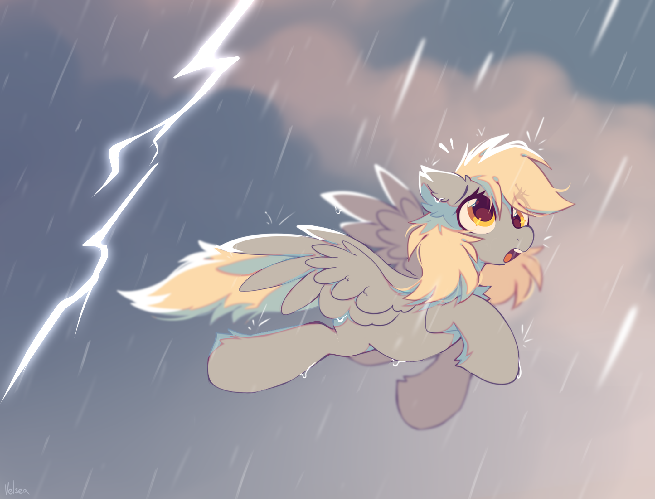 20231105001839440-3042694__safe_artist-colon-mirtash_derpy+hooves_pegasus_pony_adorable+distress_cute_derpabetes_female_flying_lightning_mare_open+mouth_rain_solo_storm