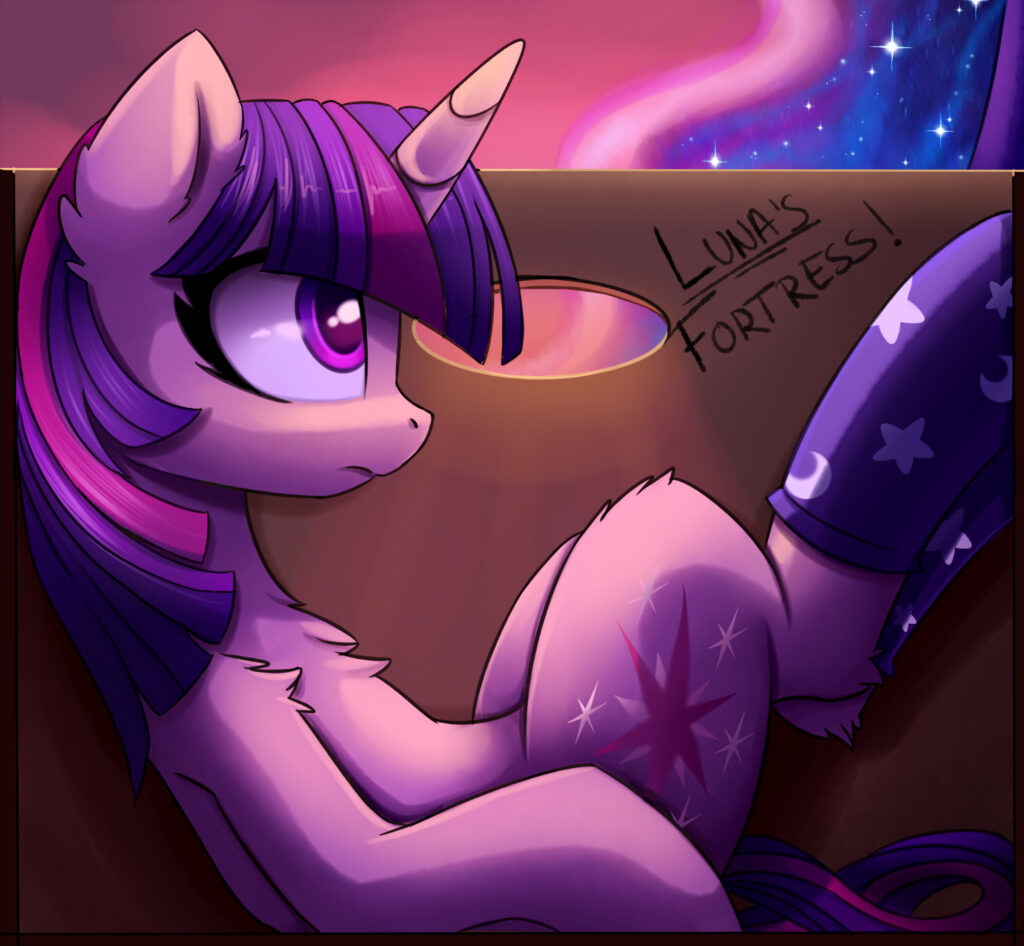 20231118011404233-1132716__safe_artist-colon-magnaluna_princess+luna_twilight+sparkle_pony_unicorn_box_chest+fluff_clothes_female_fluffy_frown_looking+up_mare_on+back_socks_solo+
