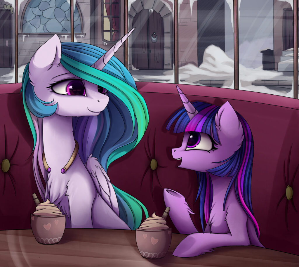 20231118011409296-1169284__safe_artist-colon-magnaluna_princess+celestia_twilight+sparkle_alicorn_pony_booth_chest+fluff_cup_cute_cutelestia_door_female_food_hair+over+one+eye_in