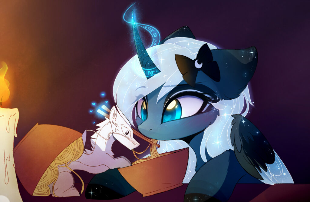20231118012631254-1695673__safe_artist-colon-magnaluna_princess+luna_oc_oc-colon-zefiroth_alicorn_dragon_eastern+dragon_pony_blushing_bow_candle_cheek+fluff_chopsticks_colored+wi