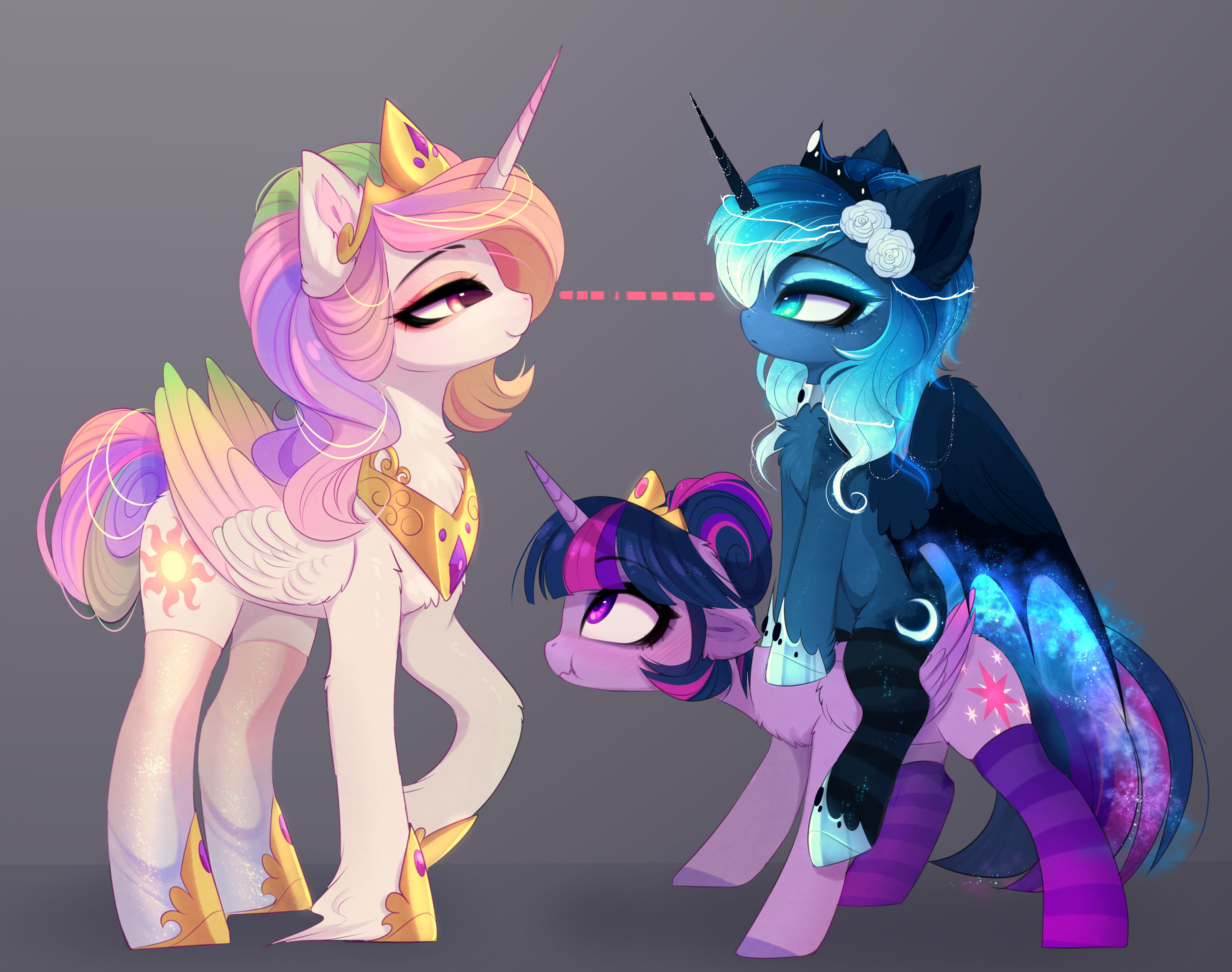 20231118012952258-2137944__safe_artist-colon-magnaluna_princess+celestia_princess+luna_twilight+sparkle_alicorn_pony_alternate+hairstyle_chest+fluff_clothes_crown_cute_ear+fluff_