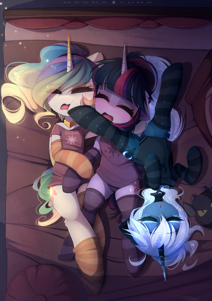 20231118012954345-2099582__safe_artist-colon-magnaluna_princess+celestia_princess+luna_twilight+sparkle_alicorn_pony_clothes_cute_cutelestia_eye+clipping+through+hair_eyes+closed