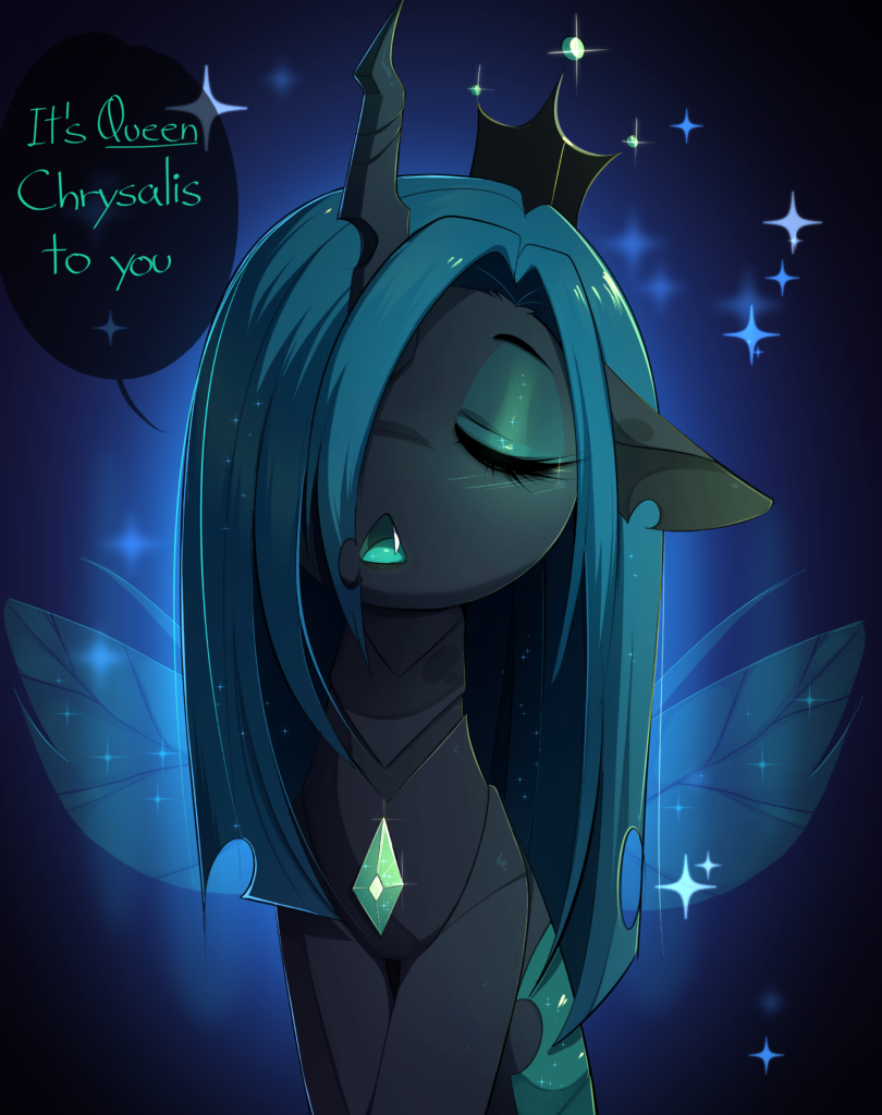 20231118013059160-2399402__safe_artist-colon-magnaluna_queen+chrysalis_changeling_changeling+queen_-colon-3_blushing_crown_cute_cutealis_dialogue_eyes+closed_fangs_female_hair+ov