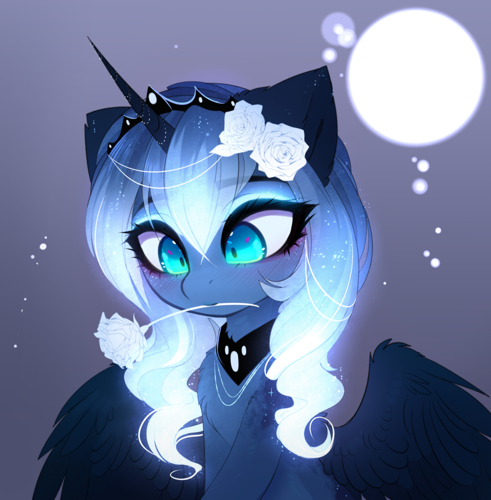 20231118013109369-2171926__safe_artist-colon-magnaluna_princess+luna_alicorn_pony_chest+fluff_crown_cute_ear+fluff_female_flower_flower+in+hair_flower+in+mouth_gradient+mane_horn