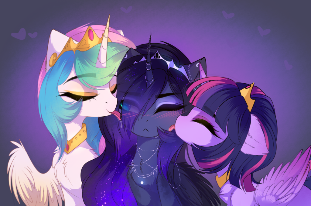 20231118013116292-2244747__safe_artist-colon-magnaluna_princess+celestia_princess+luna_twilight+sparkle_alicorn_pony_-colon-3_blushing_cheek+kiss_drool_eye+clipping+through+hair_