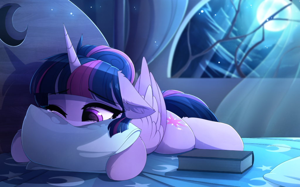 20231118013216265-2775325__source+needed_safe_artist-colon-magnaluna_twilight+sparkle_alicorn_pony_bed_book_crying_female_floppy+ears_high+res_hug_lonely_lying+down_mare_moon_one