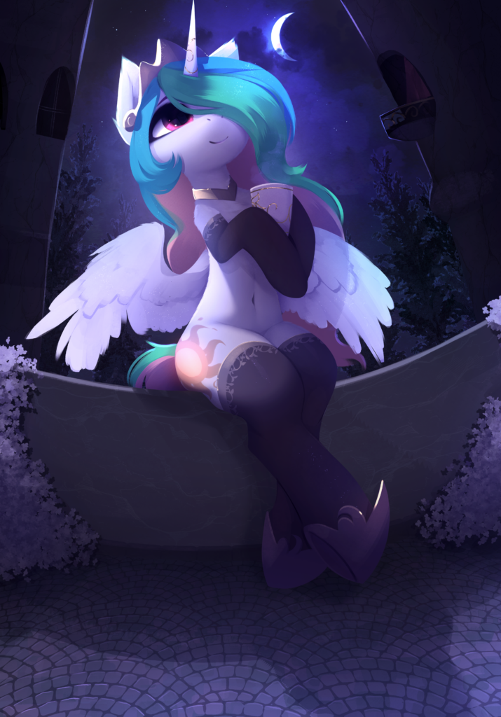 20231118013219452-2824879__safe_artist-colon-magnaluna_princess+celestia_alicorn_pony_semi-dash-anthro_arm+hooves_belly+button_clothes_crescent+moon_crown_gloves_hair+over+one+ey