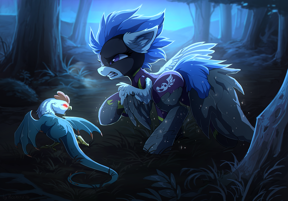 20231202222223916-1295388__safe_artist-colon-hioshiru_oc_oc+only_cockatrice_pegasus_pony_butt_chromatic+aberration_clothes_costume_everfree+forest_glare_growling_guardians+of+har