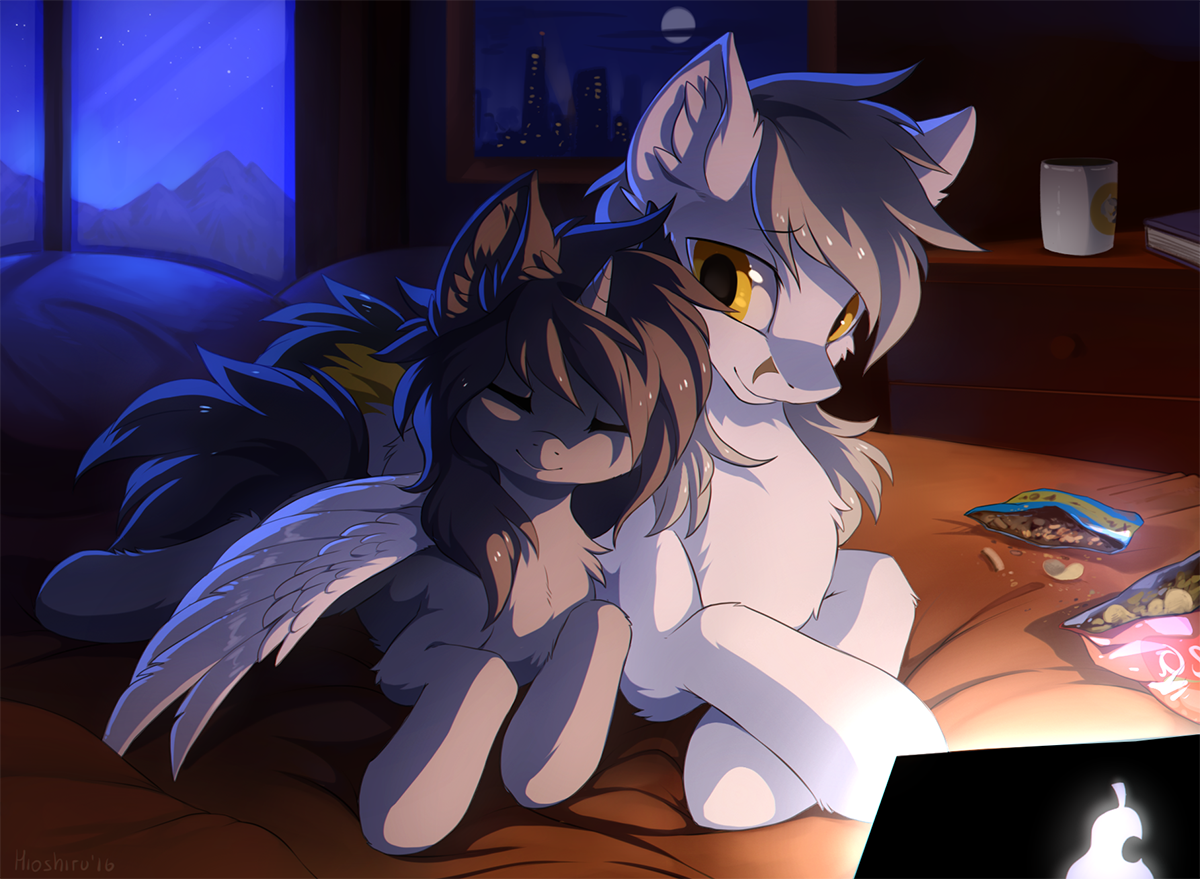 20231202222356497-1426568__safe_artist-colon-hioshiru_oc_oc+only_oc-colon-kate_oc-colon-kej_pegasus_pony_unicorn_bed_book_cheek+fluff_chest+fluff_chips_chromatic+aberration_compu