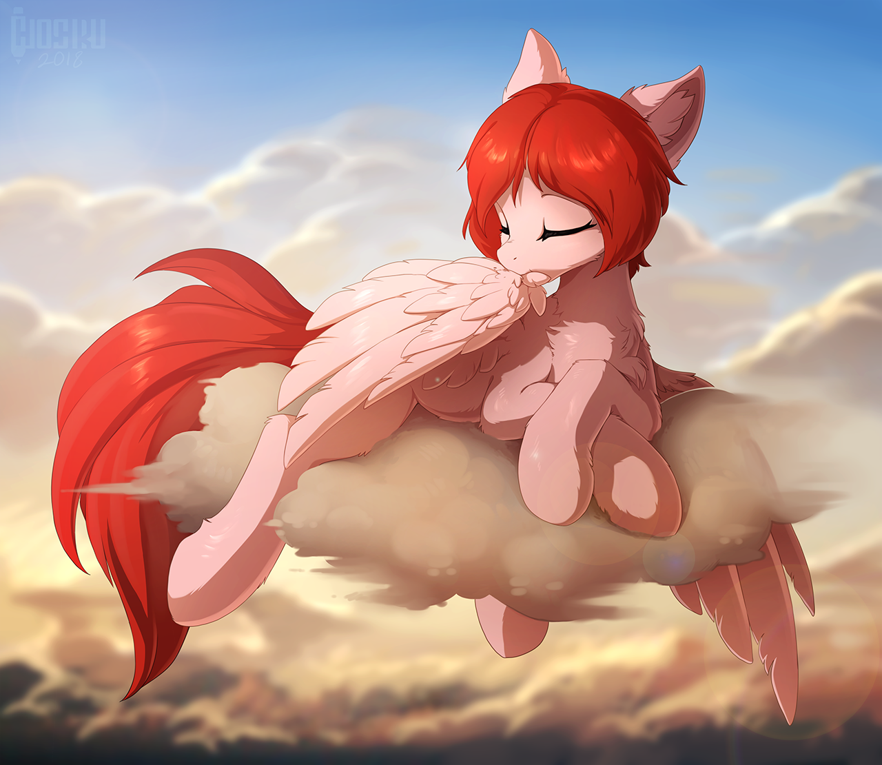 20231202222525936-1654652__safe_artist-colon-hioshiru_oc_oc+only_oc-colon-weathervane_pegasus_pony_cloud_crossed+hooves_eyes+closed_pegasus+oc_preening_prone_sky_solo_wing+noms