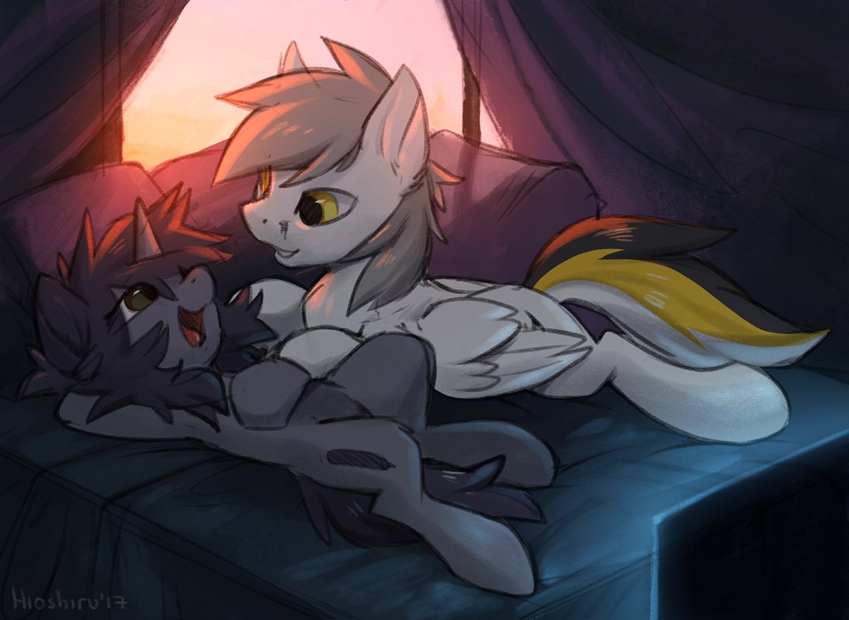 20231202223202471-1920949__safe_artist-colon-hioshiru_oc_oc+only_oc-colon-kate_oc-colon-kej_pegasus_pony_unicorn_armpits_bed_duo_female_k-plus-k_male_mare_stallion