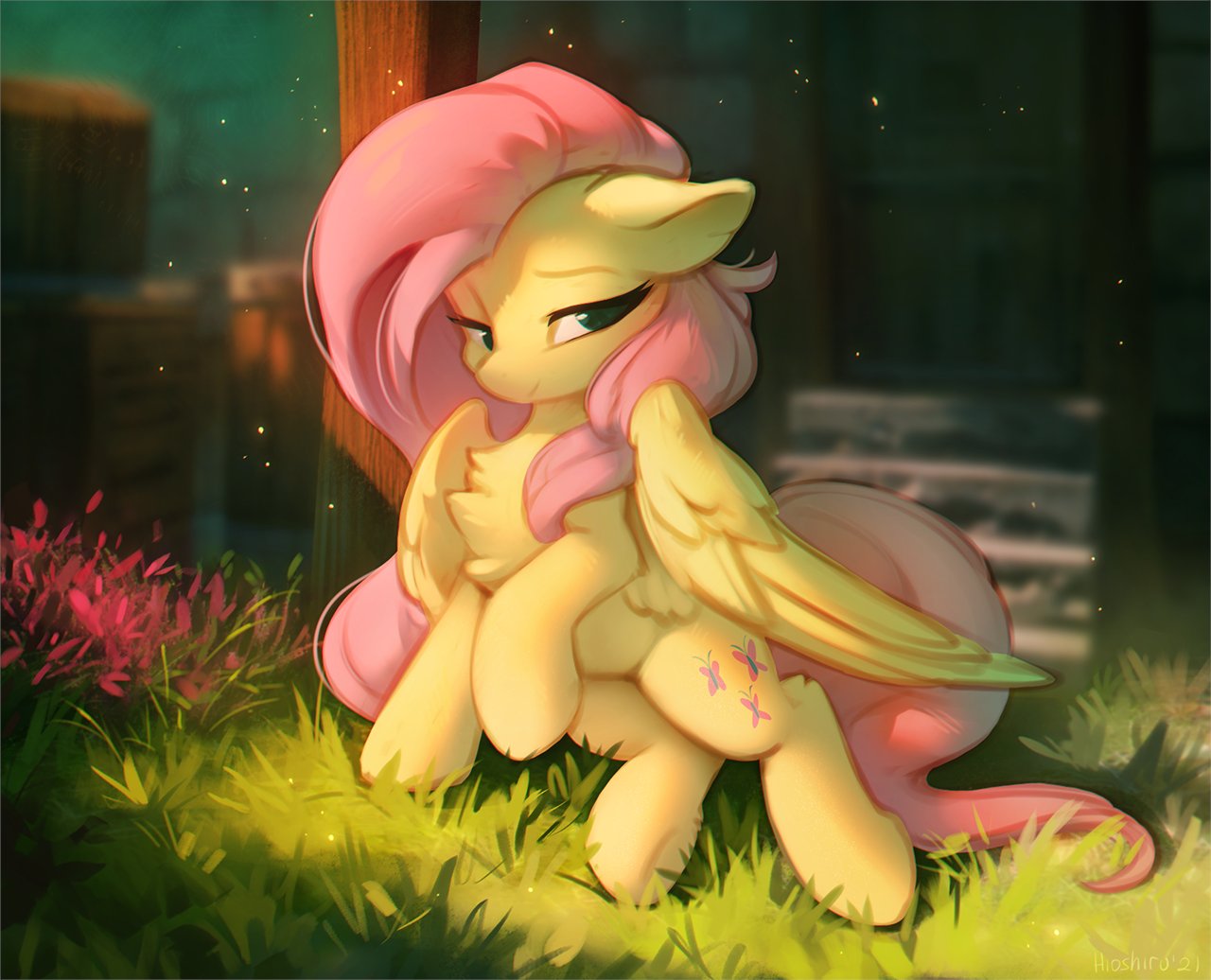 20231202223522282-2537632__safe_artist-colon-hioshiru_fluttershy_pegasus_pony_g4_bedroom+eyes_chest+fluff_crepuscular+rays_cute_daaaaaaaaaaaw_female_floppy+ears_flower_grass_leg+
