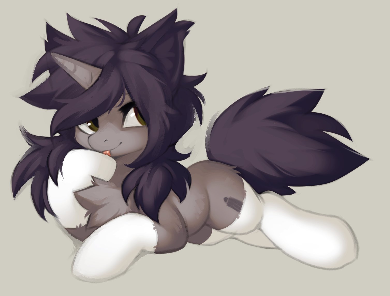 20231202223708507-2653898__safe_artist-colon-hioshiru_oc_oc+only_oc-colon-kate_pony_unicorn_chest+fluff_clothes_cute_female_fluffy_horn_licking_lying+down_mare_prone_seductive_so