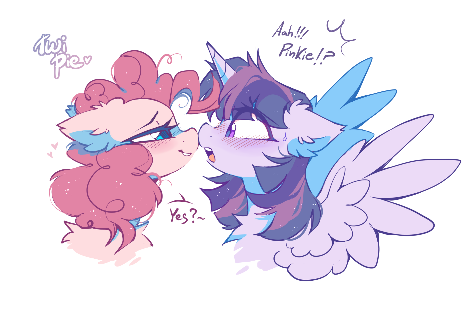 20231203001540823-3121498__safe_artist-colon-mirtash_pinkie+pie_twilight+sparkle_alicorn_earth+pony_pony_g4_bedroom+eyes_blushing_boop_bust_chest+fluff_dialogue_duo_duo+female_ea
